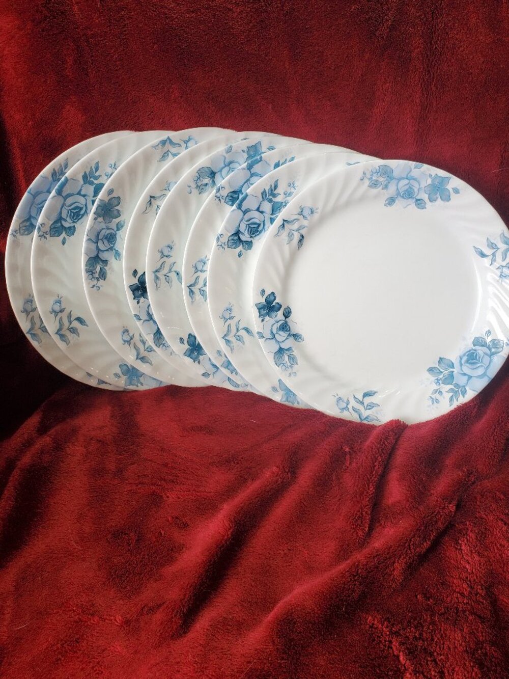 Corelle Corning Blue Velvet Rose Scalloped Edge Vintage Dinner Plate Set of 8